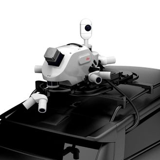 Leica Pegasus TRK with full camera system mounted on a vehicle roof, integrating multiple sensors for a 120MP integral view with add-on front, side, and pavement cameras, showcasing SmartFusion technology.
